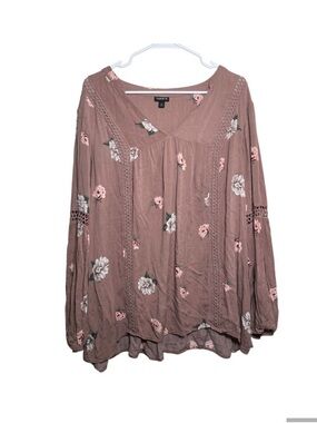Torrid Blouse Women's 2 Brown Floral Long Sleeve V-Neck Artsy Boho Shirt Top